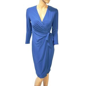 Anne Klein Faux Wrap Sheath Dress 3/4 Sleeve Size 4 Blue Tie Waist